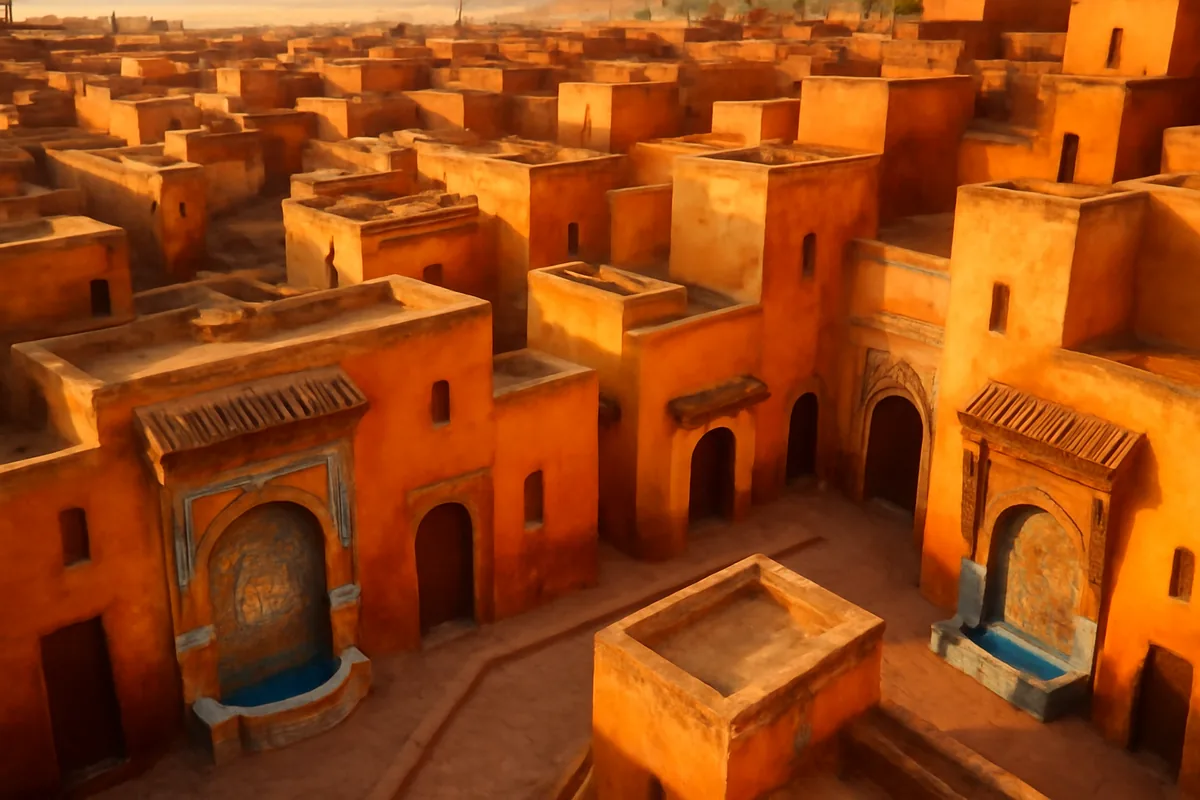 Aerial view of a traditional Moroccan medina with winding narrow alleyways, terracotta rooftops, and ornate architecture bathed in warm golden hour light