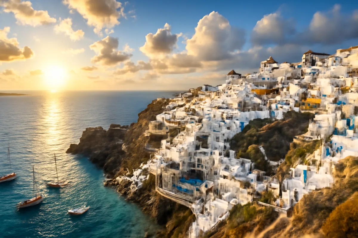 Panoramic view of a stunning Mediterranean coastline with turquoise waters, white-washed cliffside villages, and colorful sailing boats in a sunlit bay