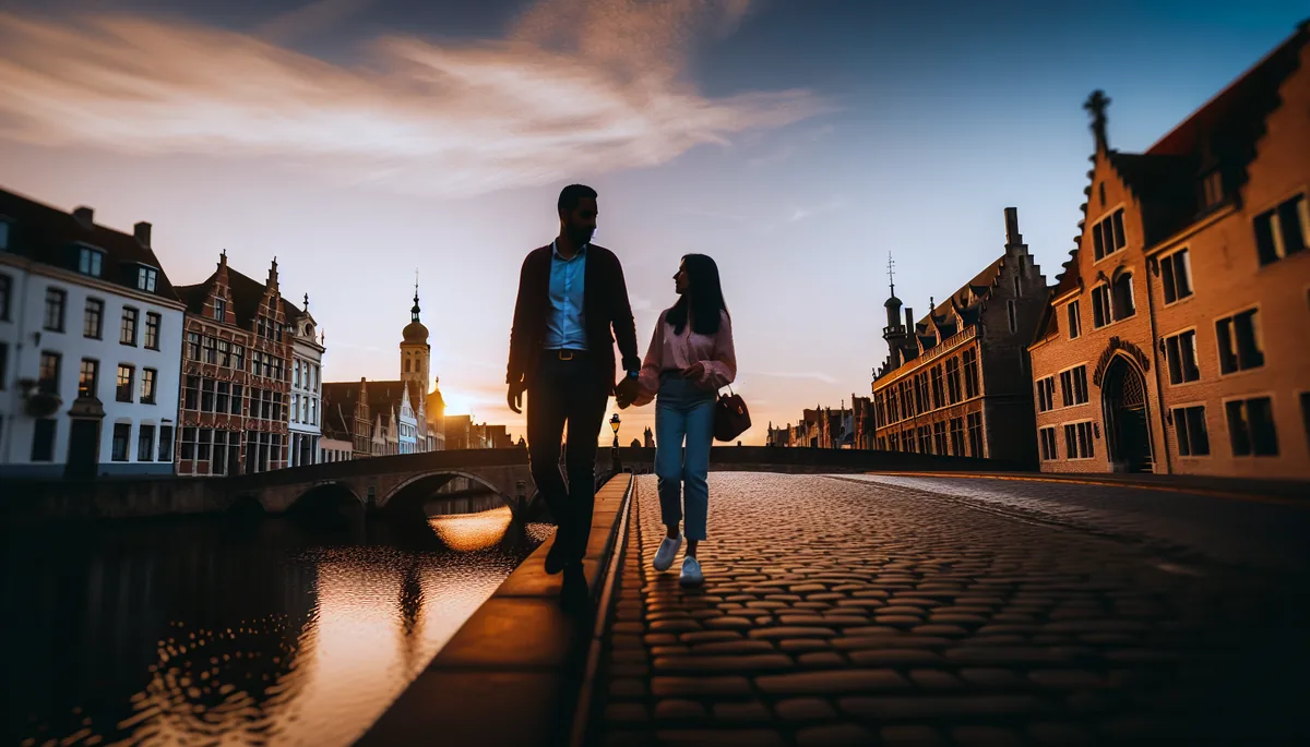 Romantic silhouettes of a couple walking hand in hand across a historic European bridge at sunset with golden light reflecting on canal waters