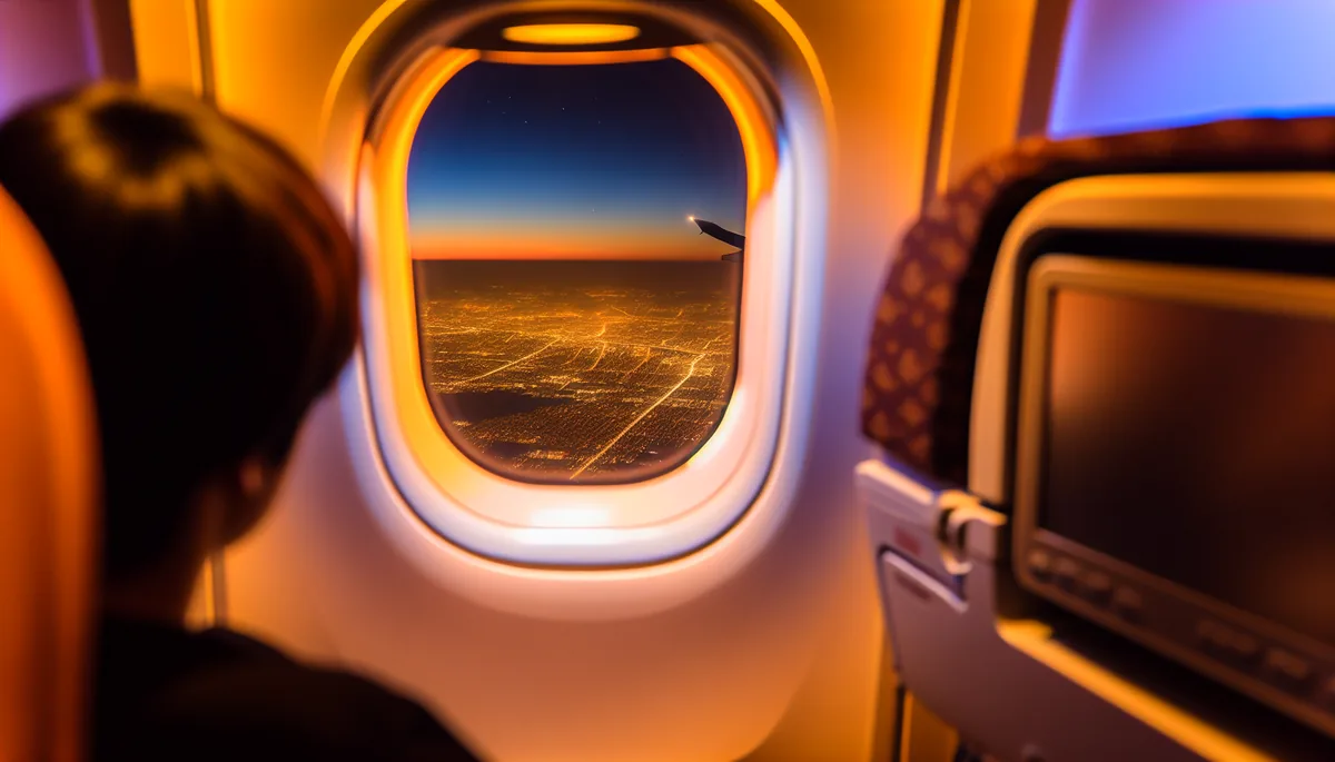 Silhouette of airplane passenger looking out window at city lights below during evening descent
