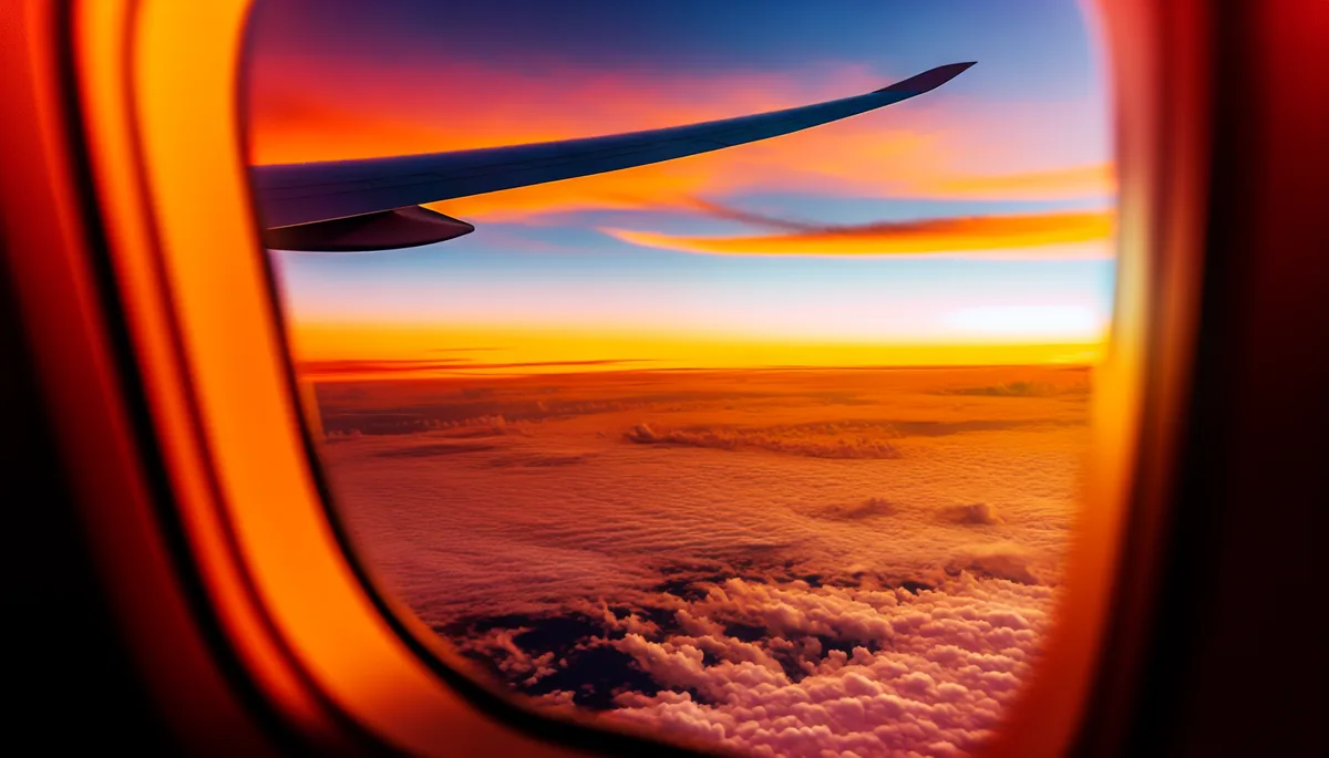Airplane wing silhouetted against a golden sunset sky with clouds below, representing travel timing and journey planning