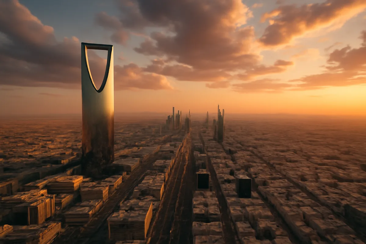 Aerial view of the Riyadh skyline at golden hour, featuring the iconic Kingdom Centre Tower surrounded by modern skyscrapers and the vast Saudi Arabian desert landscape bathed in warm amber light.