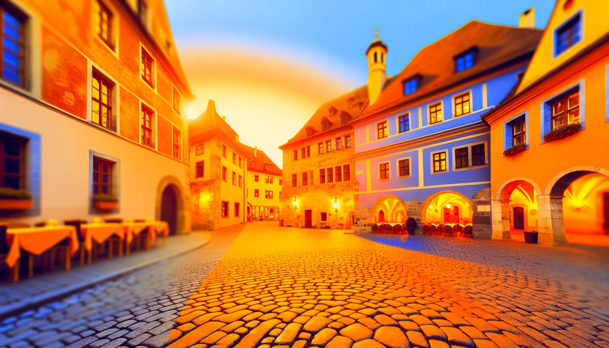 Picturesque European town square with traditional architecture, cobblestone streets, and warm golden hour lighting