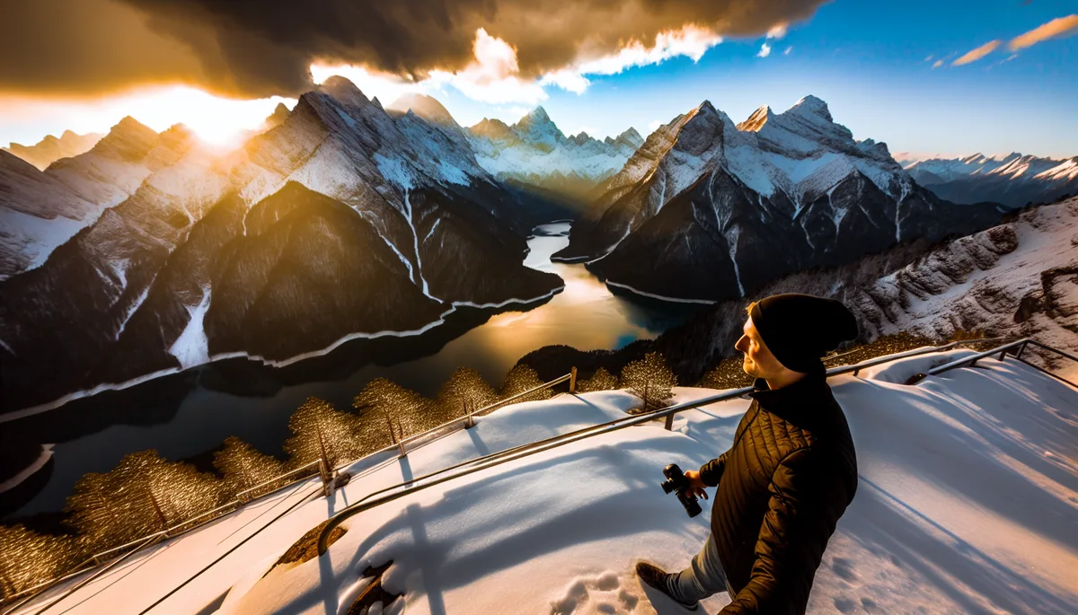 Silhouette of a traveler standing at a scenic Alpine mountain viewpoint overlooking snow-capped peaks and pristine lakes during golden hour