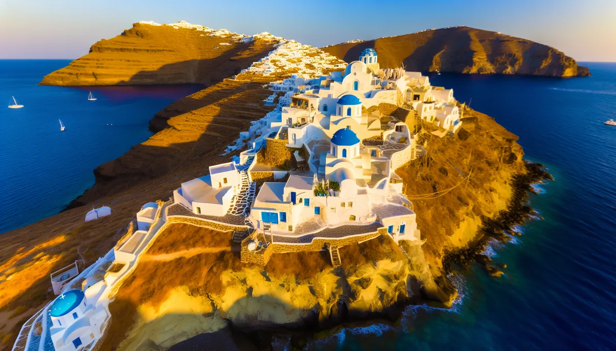 Scenic view of a traditional Greek island village with white buildings and blue domes overlooking the turquoise Aegean Sea during golden hour