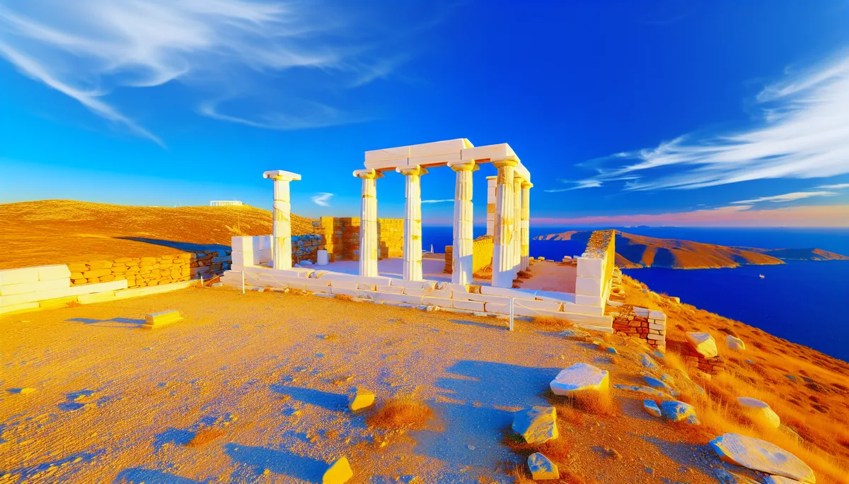 Ancient Greek temple ruins with white marble columns overlooking the blue Aegean Sea during golden hour