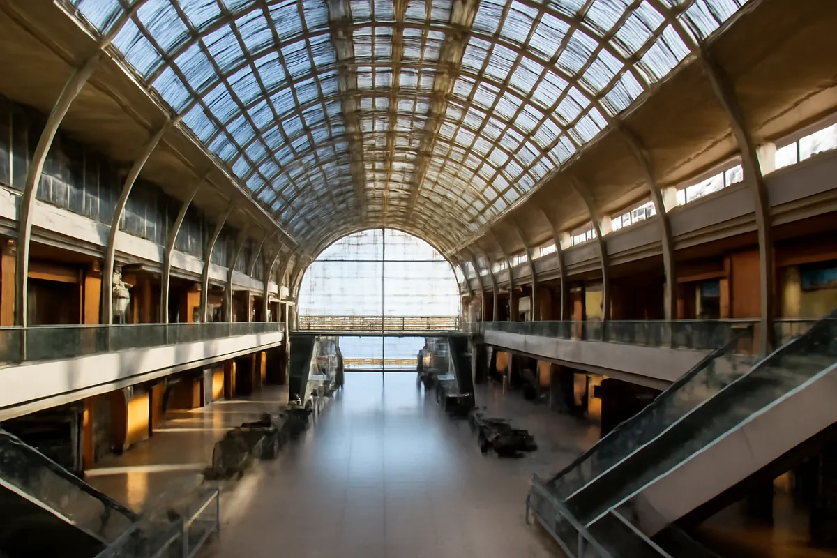 Grand interior of Frankfurt Airport terminal with soaring glass ceiling, modern architecture, and natural light flooding the spacious departure hall