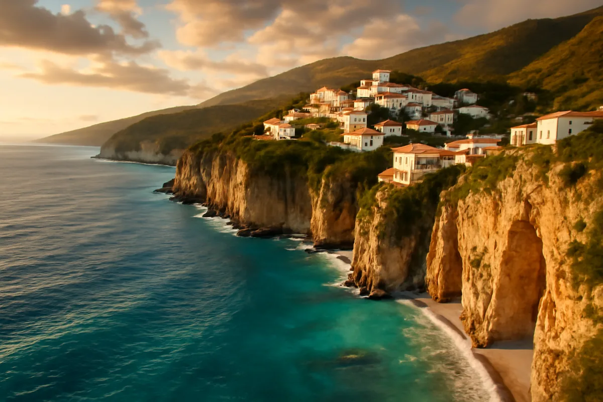 Stunning aerial view of the Albanian Riviera coastline featuring crystal-clear turquoise waters, dramatic limestone cliffs, and a traditional whitewashed hillside village bathed in golden sunset light