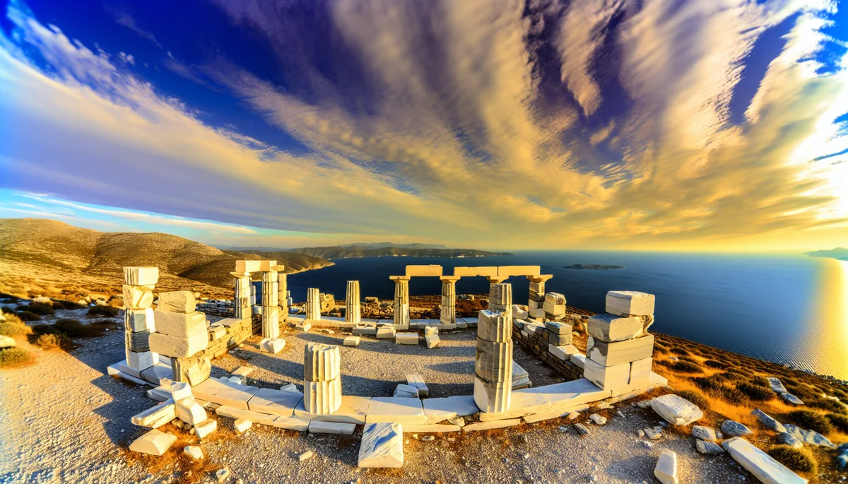 Ancient Greek temple ruins with white marble columns overlooking the blue Aegean Sea during golden hour
