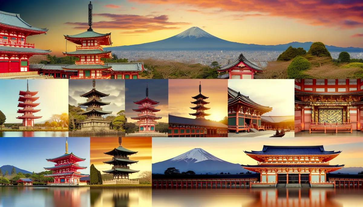 Panoramic view of diverse Asian landmarks including traditional pagodas, Mount Fuji, and temple architecture against a vibrant sunset sky