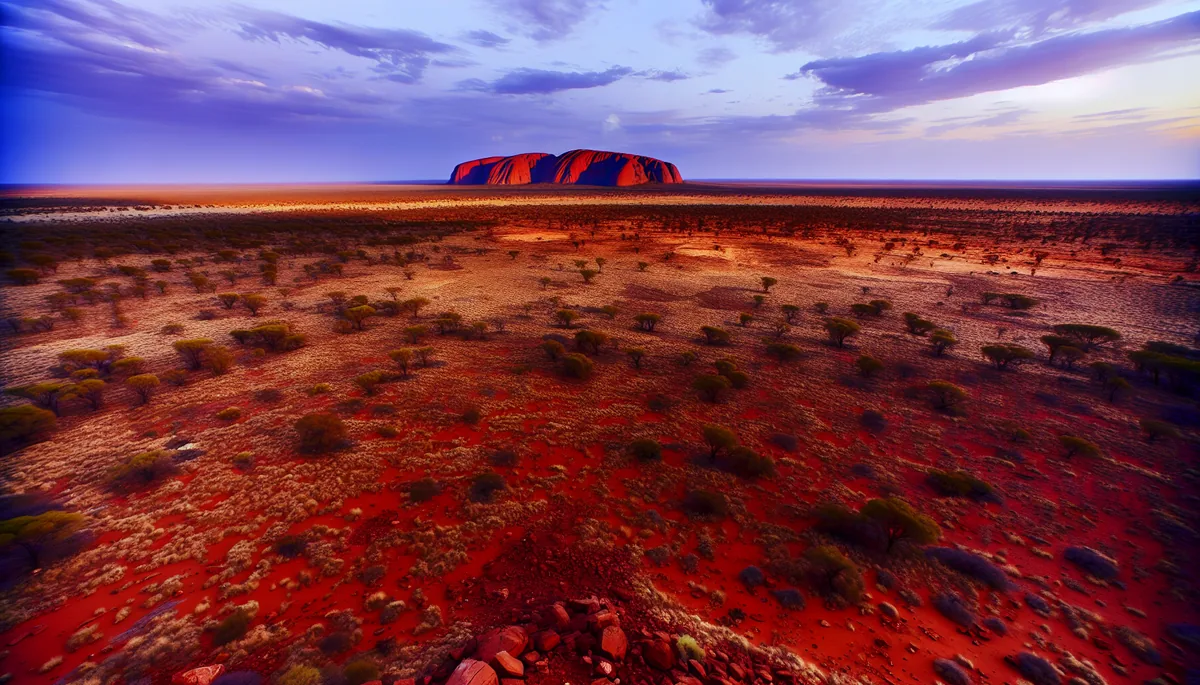 Expansive Australian outback landscape featuring red desert terrain with Uluru visible in the distance under a dramatic golden sunset sky