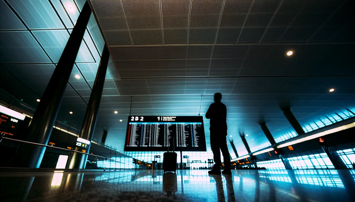 Silhouette of a traveler standing alone in a large airport terminal with departure gates and signage blurred in the background