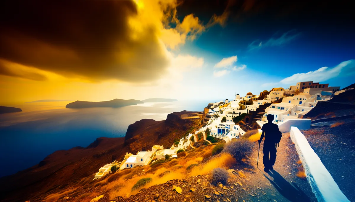 Silhouette of a traveler standing on a Greek island cliff overlooking white buildings and blue sea at sunset