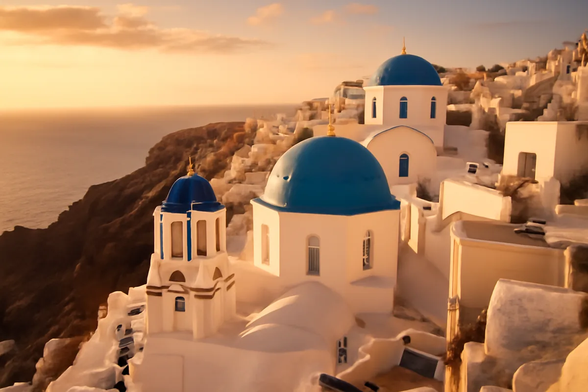 Panoramic view of white-washed Cycladic architecture with blue-domed churches overlooking the turquoise Aegean Sea in Santorini, Greece, bathed in golden sunset light.