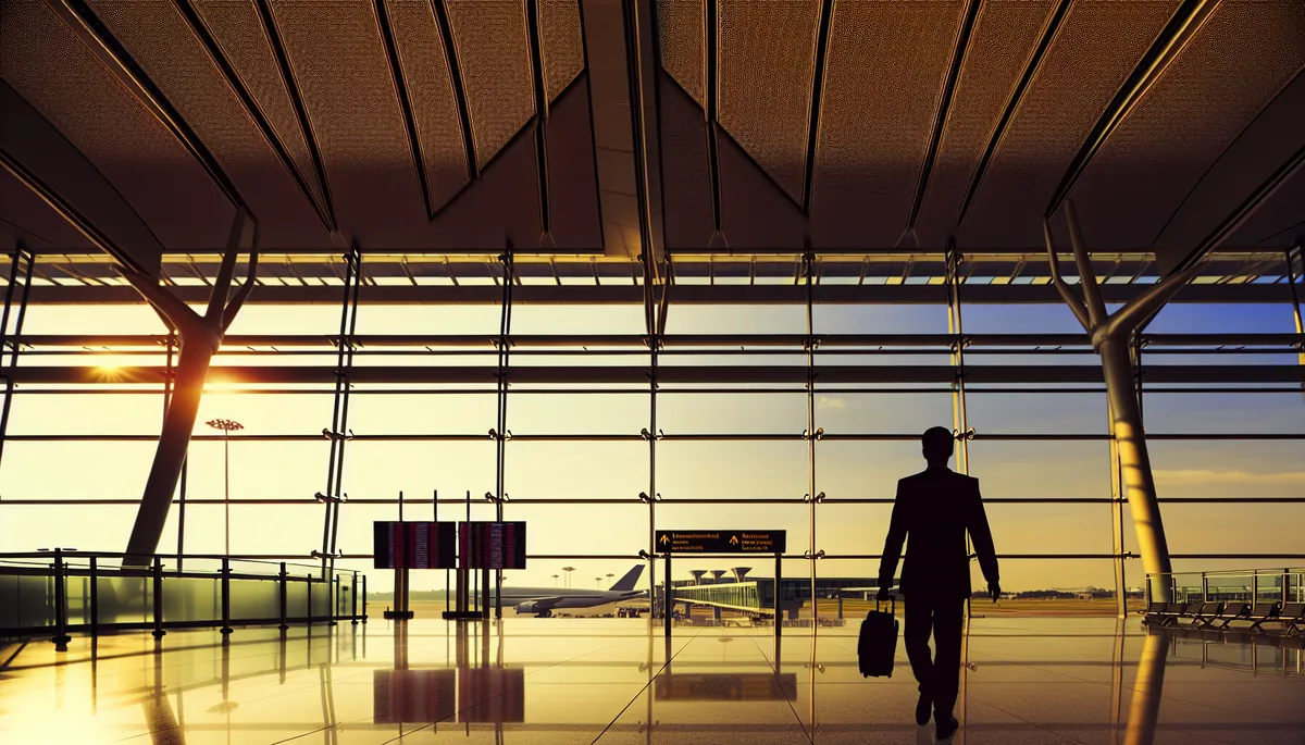 Silhouette of a business traveler walking through a modern airport terminal with large windows and warm lighting