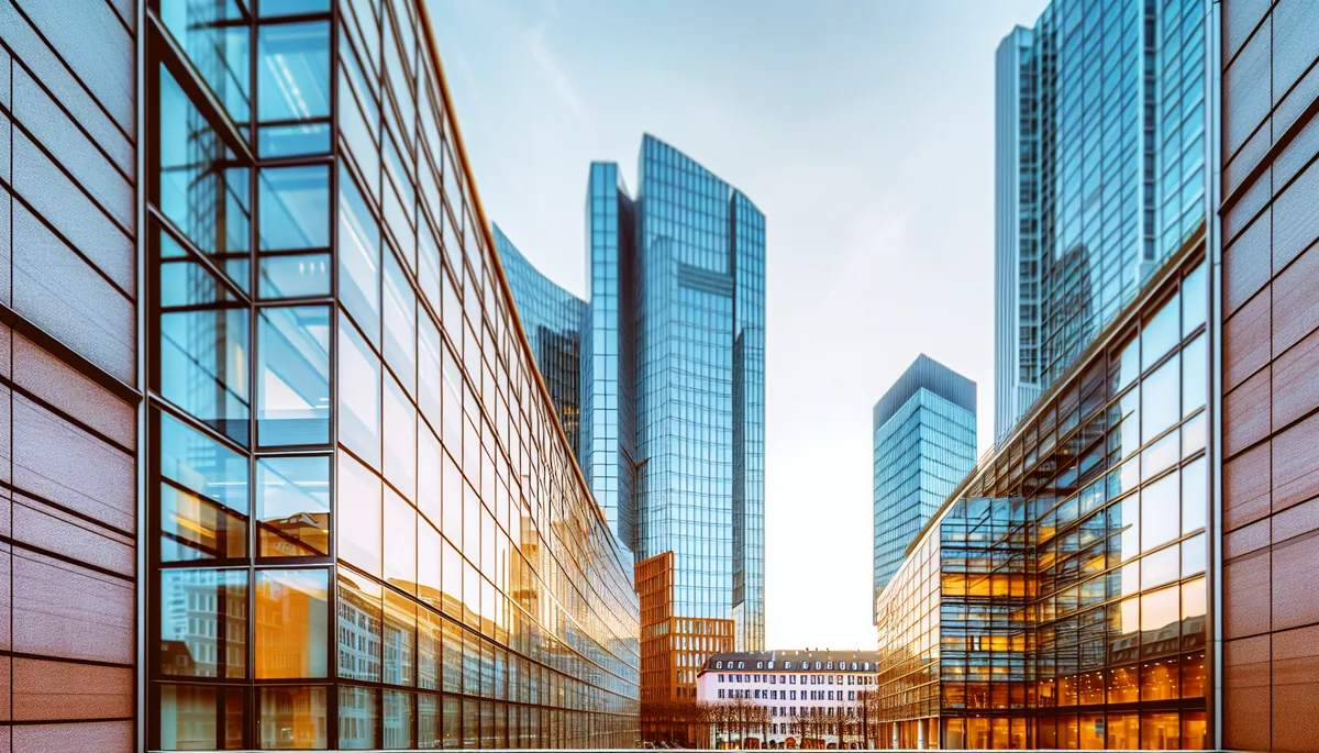Modern European business district skyline with glass office buildings during golden hour, representing professional travel destinations