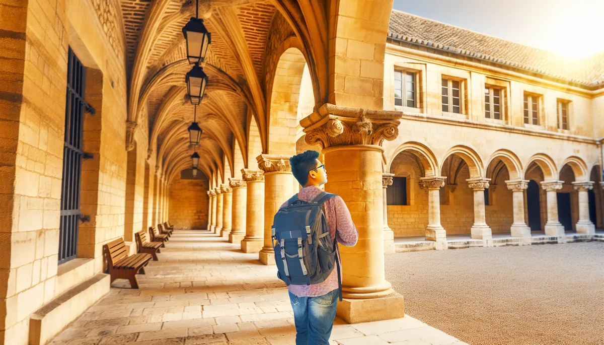A student with a backpack walking through a historic European university courtyard with stone arches and columns in warm afternoon light