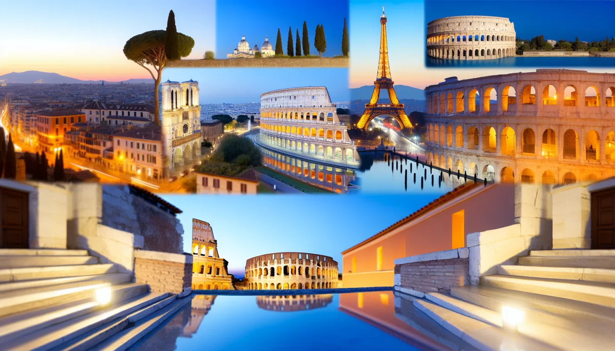 Panoramic view showcasing famous European landmarks and destinations including the Eiffel Tower, ancient Roman architecture, and Greek island buildings during golden hour