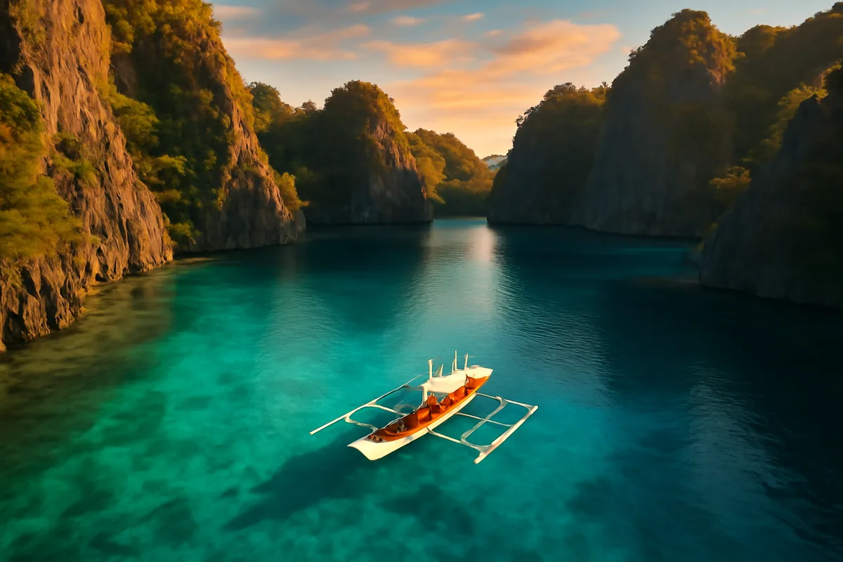 Aerial view of a pristine turquoise lagoon in Palawan, Philippines, with dramatic limestone cliffs and a traditional wooden outrigger boat floating in the crystal-clear waters during golden hour