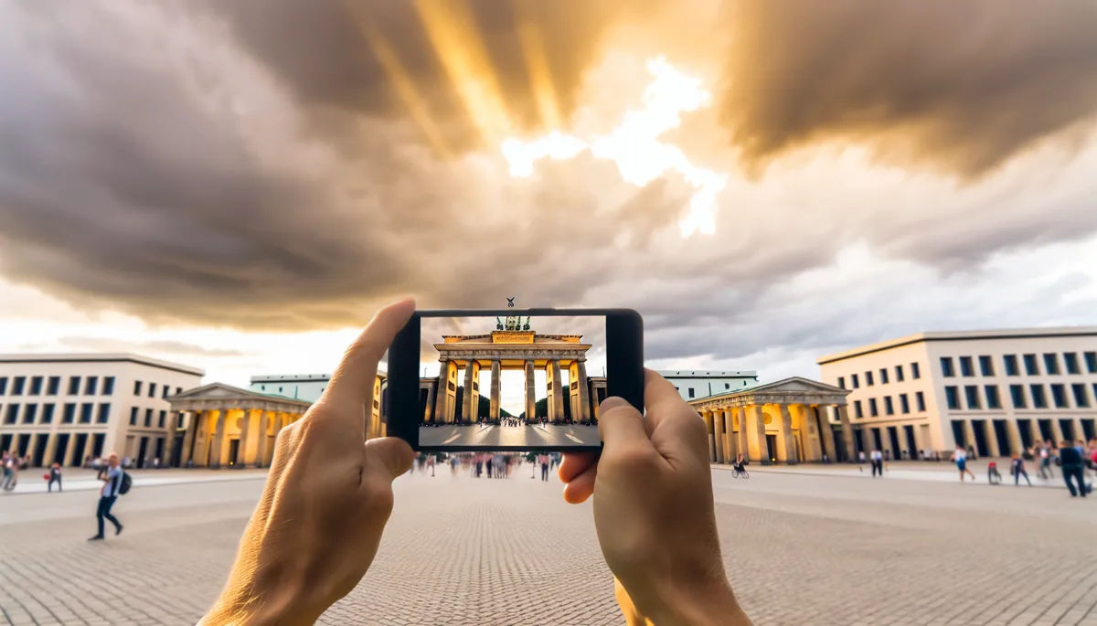 Brandenburg Gate in Berlin, Germany during golden hour with dramatic sky and historic architecture