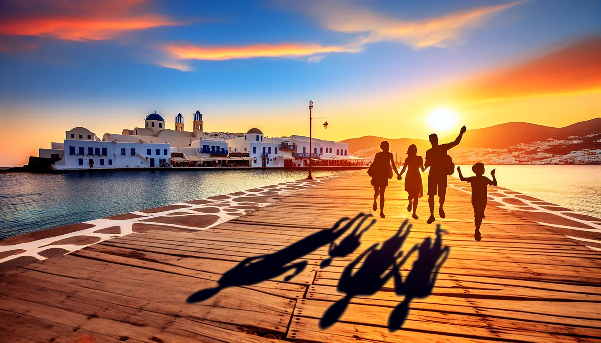 Family silhouettes walking together on a Greek island waterfront at sunset with traditional white and blue architecture in the background