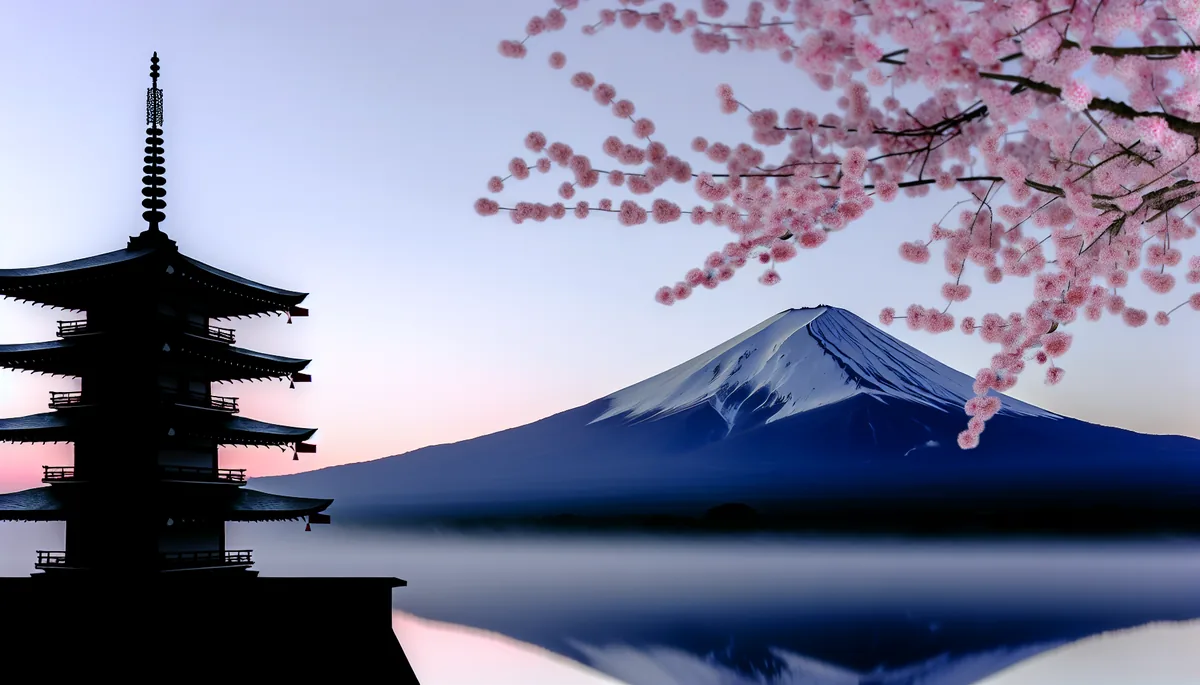 Mount Fuji rising majestically behind blooming cherry blossom trees with a traditional Japanese pagoda, captured during golden hour with soft pink lighting and floating sakura petals