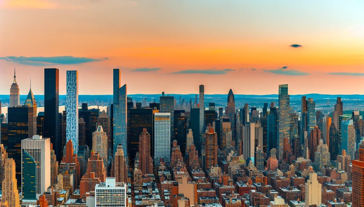 Stunning golden hour view of New York City skyline with illuminated skyscrapers against a dramatic orange and blue sky