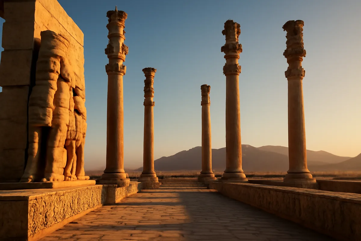 Ancient Persian columns and ruins of Persepolis bathed in golden hour light, with carved stone reliefs and a dramatic desert landscape stretching toward distant mountains