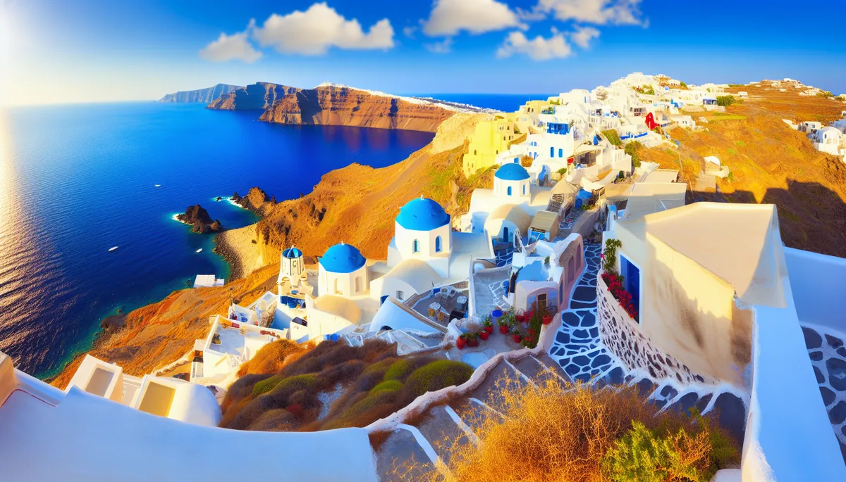 Scenic view of a Greek island with white buildings, blue domes, and turquoise waters of the Aegean Sea under golden sunlight