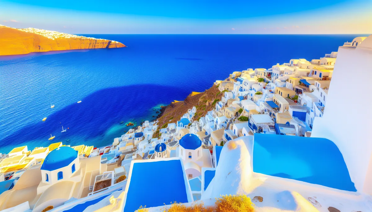 Scenic view of a Greek island with traditional white buildings and blue domes overlooking the Mediterranean Sea during golden hour