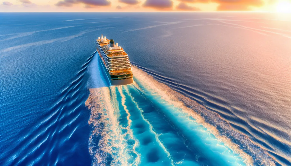 Aerial view of a white luxury cruise ship sailing through deep blue Mediterranean waters during golden hour, with a dramatic sunset sky and the ship's wake visible in the water