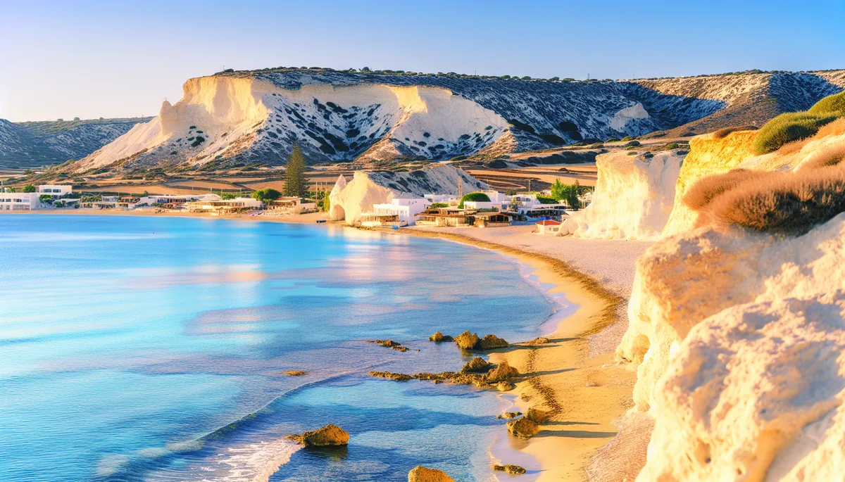 Scenic coastal landscape of Cyprus showing turquoise Mediterranean waters, white cliffs, sandy beaches, and traditional white buildings during golden hour