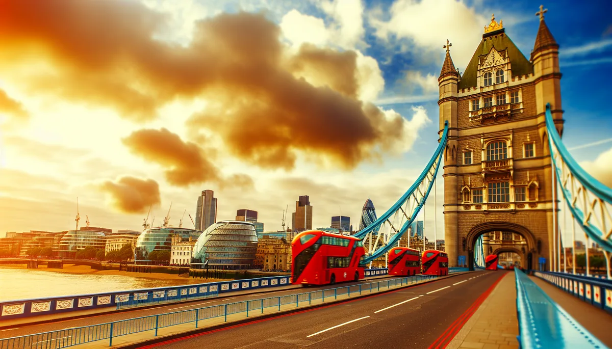 Stunning view of London's Tower Bridge spanning the Thames River with red double-decker buses, captured during golden hour with dramatic cloudy skies