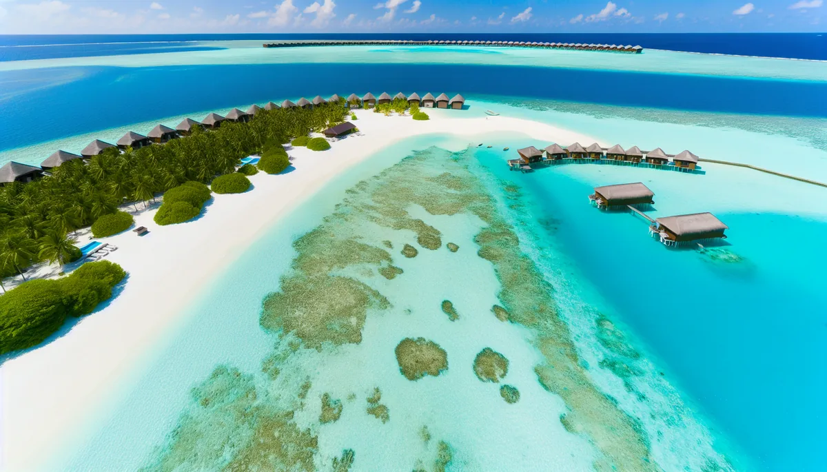 Aerial view of turquoise waters and overwater bungalows in the Maldives with coral reefs and white sandy beaches