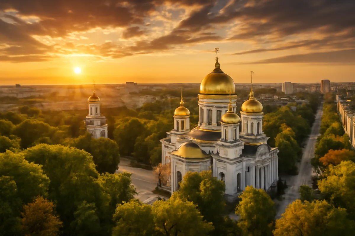 Panoramic golden hour view of Chisinau, Moldova, featuring an Orthodox cathedral with golden domes surrounded by green parks and tree-lined streets