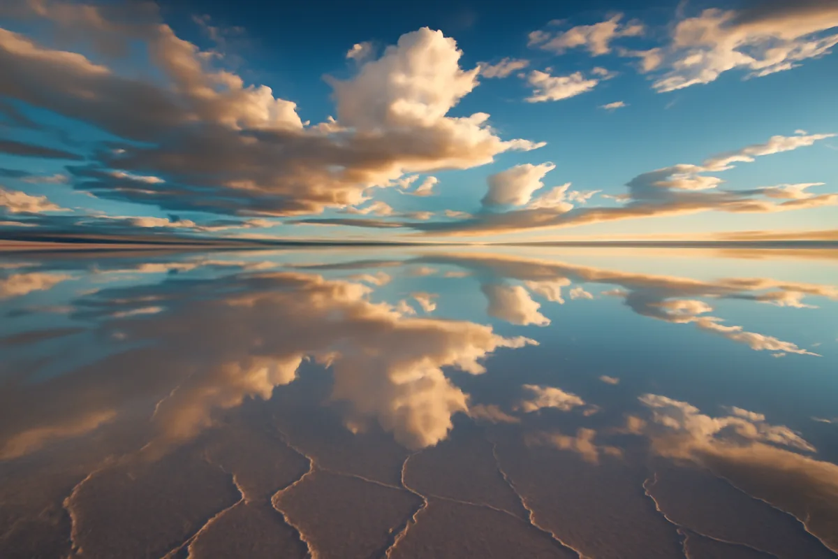The Salar de Uyuni salt flats in Bolivia reflecting a dramatic sky at golden hour, creating a perfect mirror effect across the vast white landscape