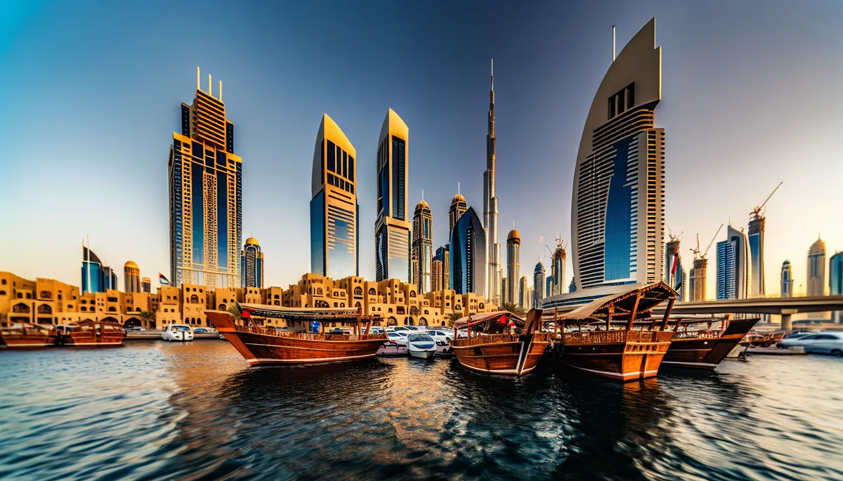 Stunning Dubai skyline featuring the Burj Khalifa and modern skyscrapers with traditional dhow boats in the foreground during golden hour