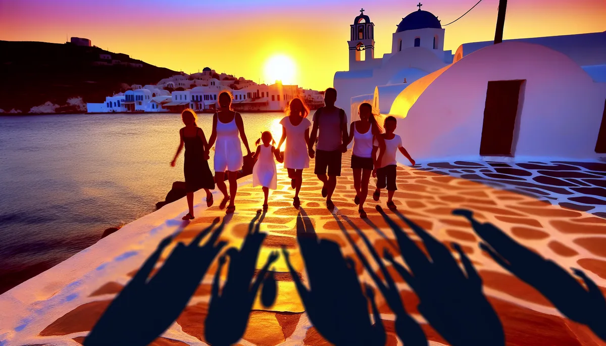 Family silhouettes walking together on a Greek island waterfront at sunset with traditional white and blue architecture in the background