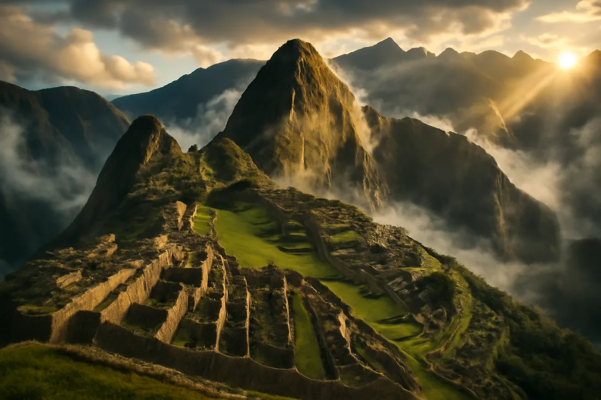 Panoramic view of Machu Picchu ancient Incan citadel surrounded by misty Andean mountains at sunrise, with terraced green slopes and dramatic cloud formations