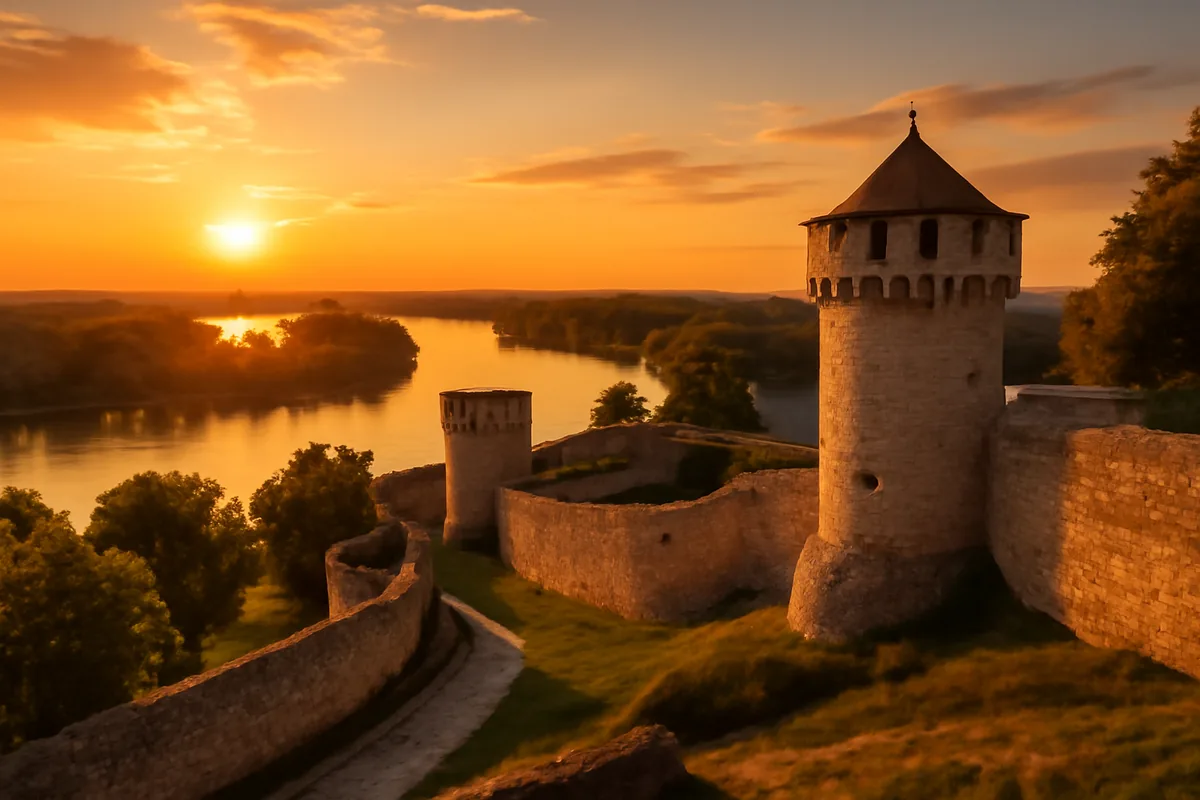 Panoramic golden hour view of Belgrade's Kalemegdan fortress overlooking the confluence of the Sava and Danube rivers, with ancient stone walls and towers surrounded by lush greenery under a warm sunset sky.