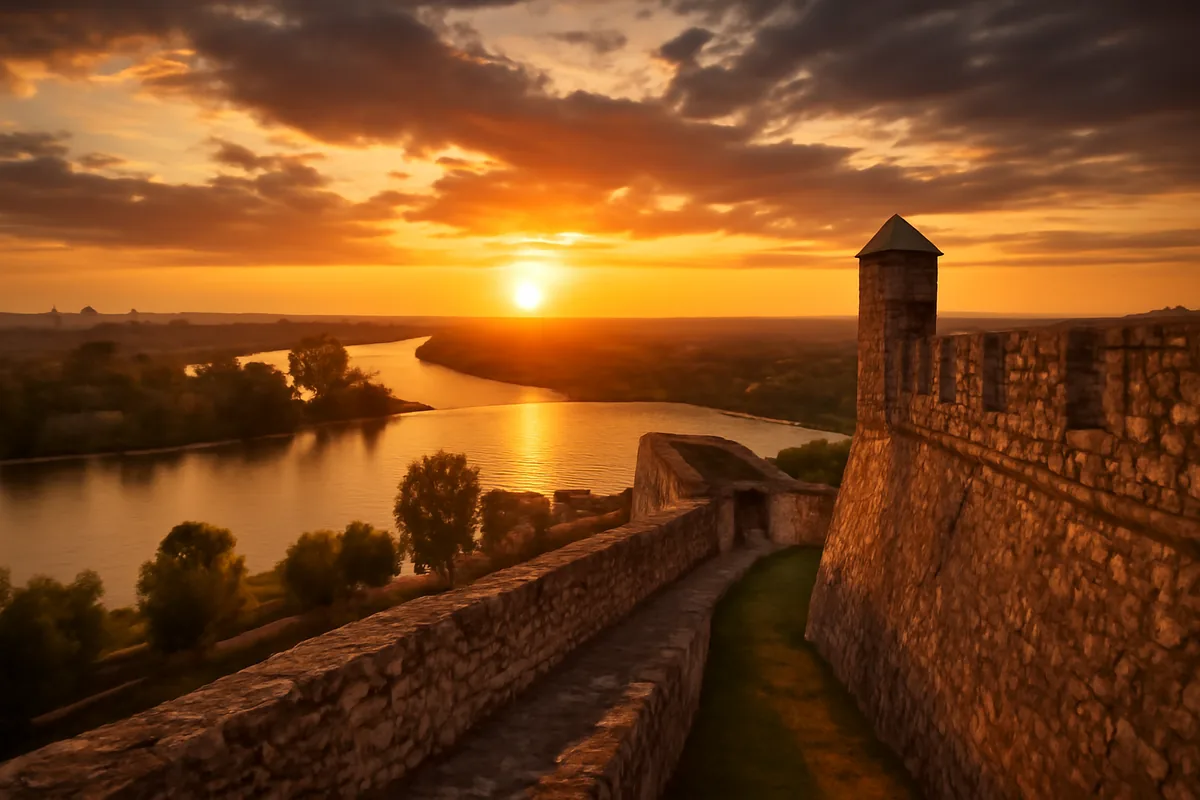 Panoramic sunset view of Belgrade fortress with the Sava and Danube rivers meeting below, golden light reflecting on the water and illuminating the ancient stone walls