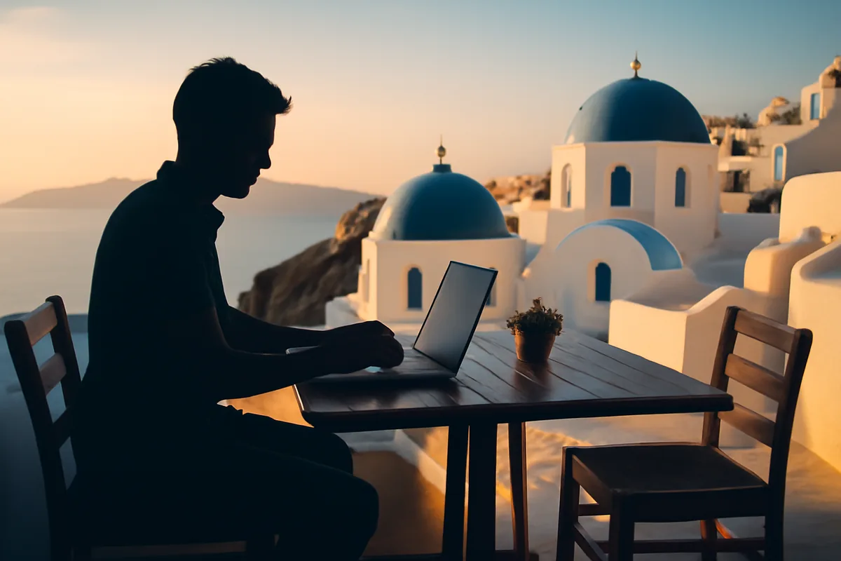 Silhouette of a person working at an outdoor cafe table with a panoramic view of Santorini's iconic blue-domed churches and the sparkling Aegean Sea during golden hour
