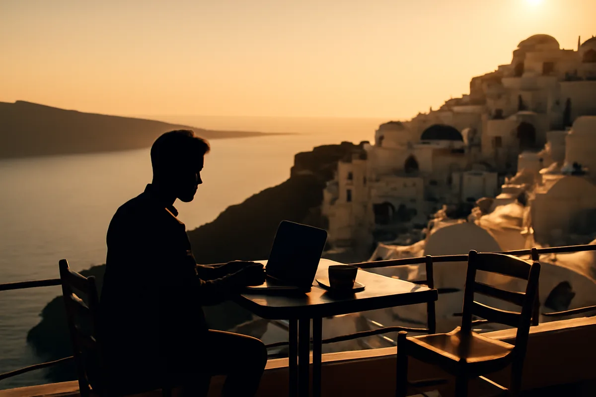 Silhouette of a person working at an outdoor café terrace with stunning view of Greek island white buildings and blue Mediterranean sea during golden hour