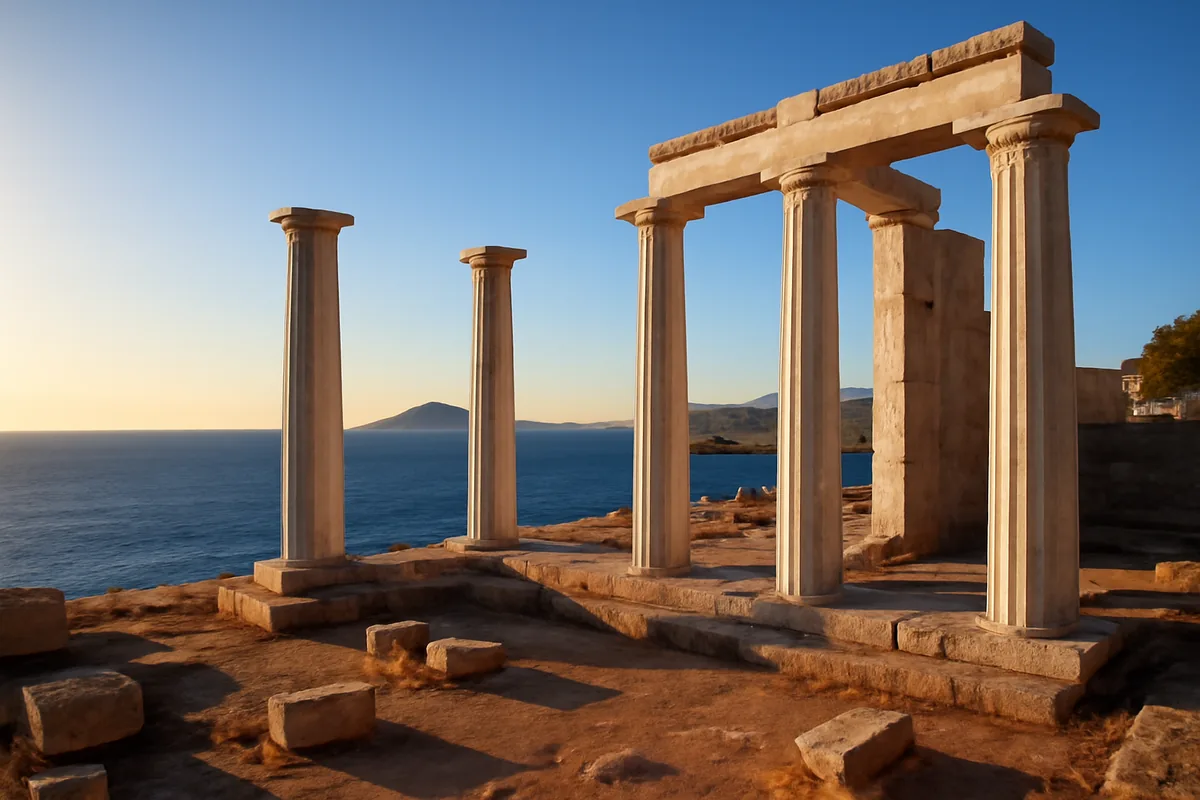 Ancient Greek temple ruins with white marble columns overlooking the blue Aegean Sea at golden hour