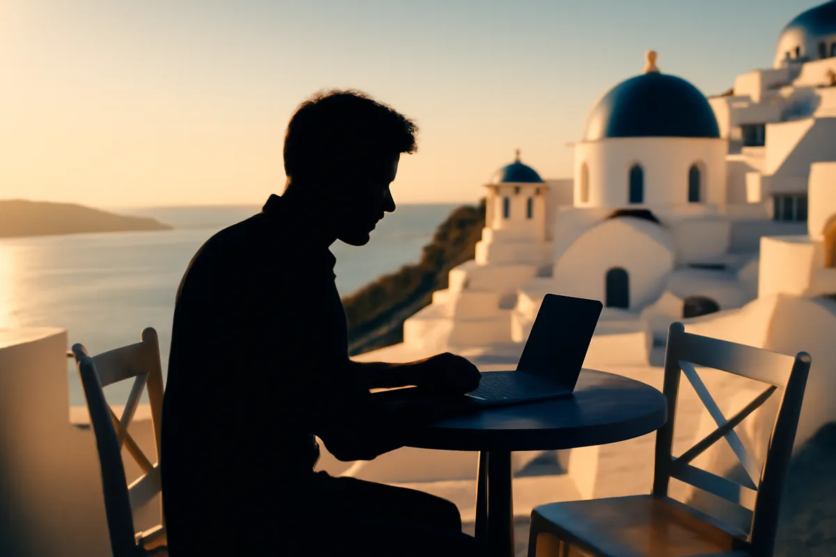 Silhouette of a person at an outdoor café table with Greek island architecture and blue Aegean Sea in the background during golden hour