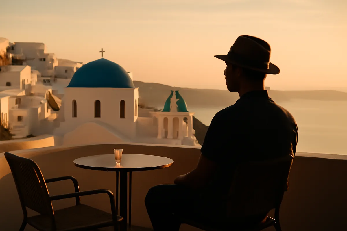 Traveler silhouette at outdoor café overlooking Greek island architecture with white buildings and blue domes during golden hour