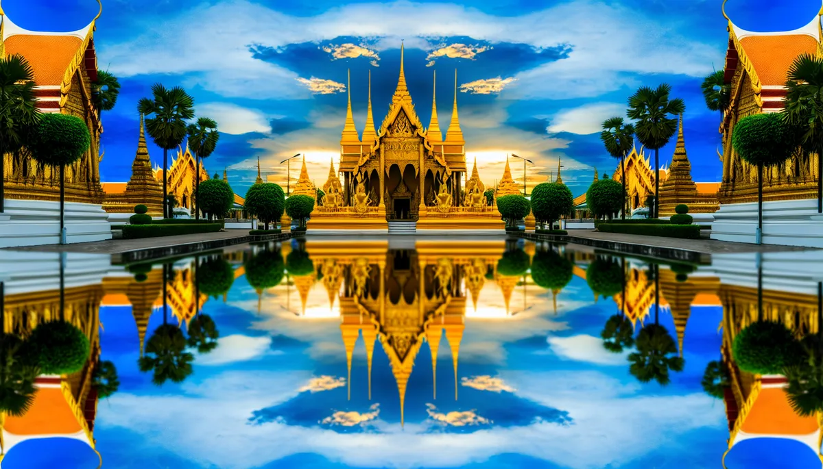Golden Buddhist temple with ornate spires reflecting in calm water, surrounded by tropical vegetation under a warm sunset sky in Thailand