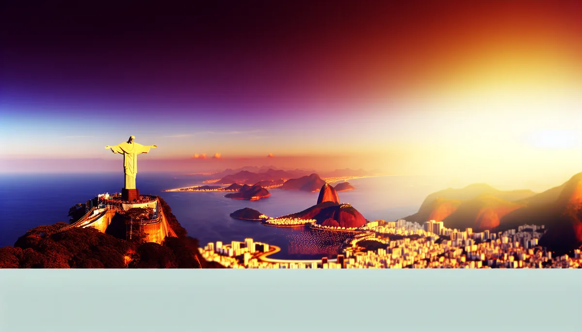 Panoramic view of Rio de Janeiro with Christ the Redeemer statue in foreground, city skyline and beaches stretching to the horizon during golden hour