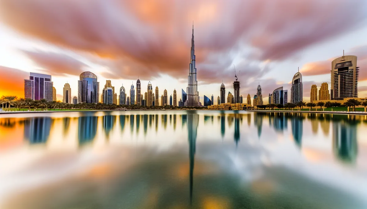 Dubai skyline at sunset featuring the Burj Khalifa and modern skyscrapers with golden hour lighting reflecting on water