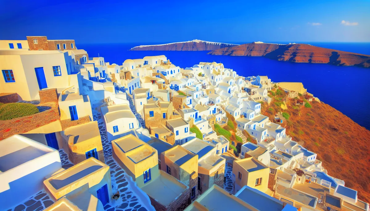 Scenic view of a traditional Greek island village with white buildings overlooking the blue Aegean Sea at golden hour